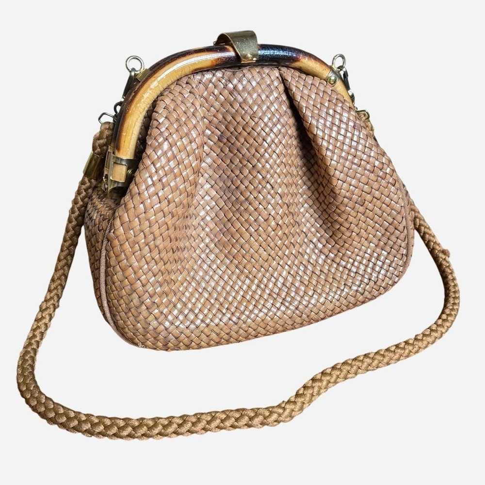 Tan woven shoulder bag with bamboo handle and gold hardware / Dillards / boho